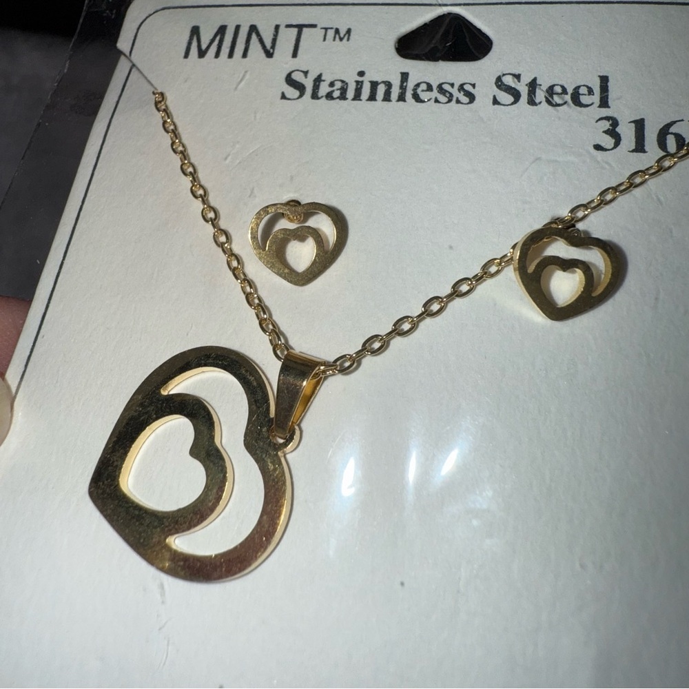 MINT double heart earrings and necklace Jewelry Set gold color stainless steel